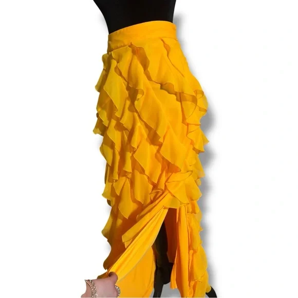 Anthropologie Let Me Be Sasha Elegant Yellow/Gold Ruffled Maxi Skirt with Slit - Picture 5 of 16